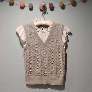 CeCe Light Gray Pearl-Embellished Cable Knit V-Neck Sweater Vest